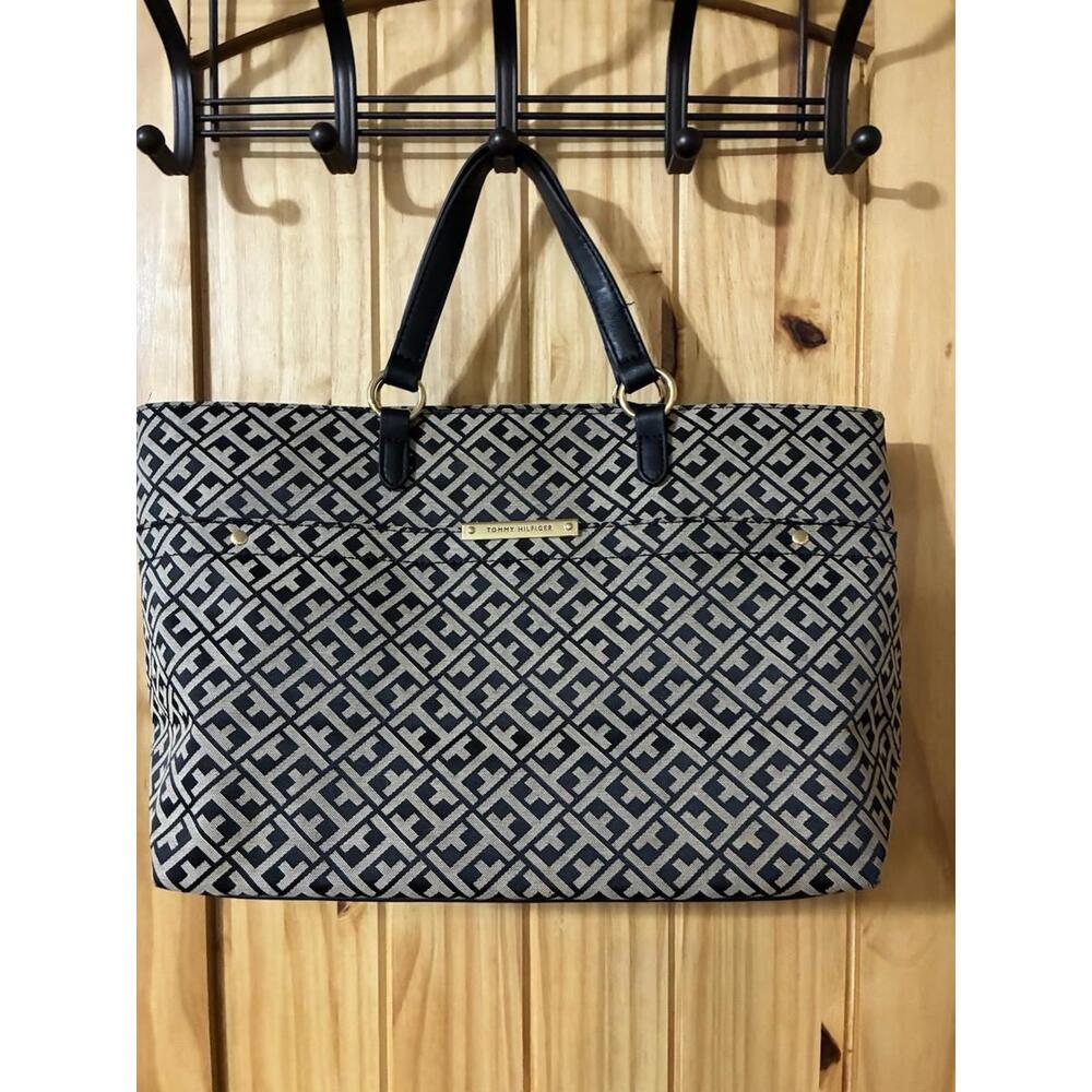 Tommy Hilfiger Black and Tan Logo Patterned Handbag